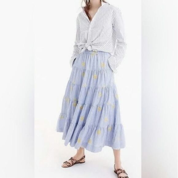 J. CREW Pinapple Embroidered Tiered Seersucker Pinstripe Lagenlook Midi Skirt - Picture 4 of 15